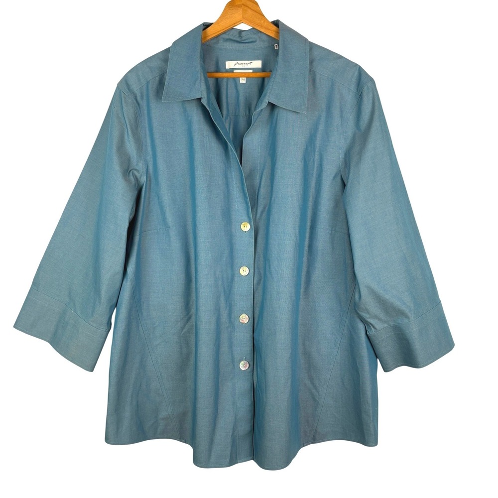 Foxcroft Heritage Non-Iron Button ¾ Sleeve Shirt 24W Shaped Office Travel Easy